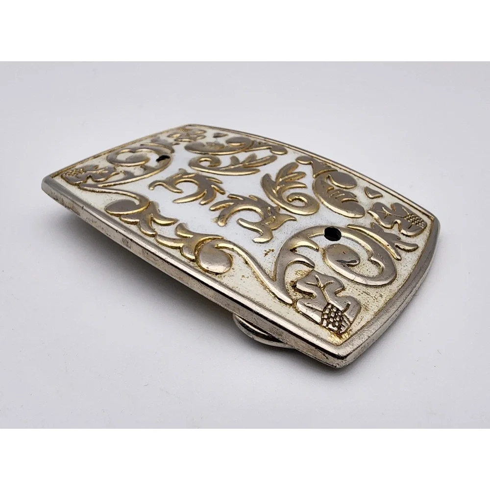 Vtg Belt Buckle Floral Leaf Pattern‎ White and Gold